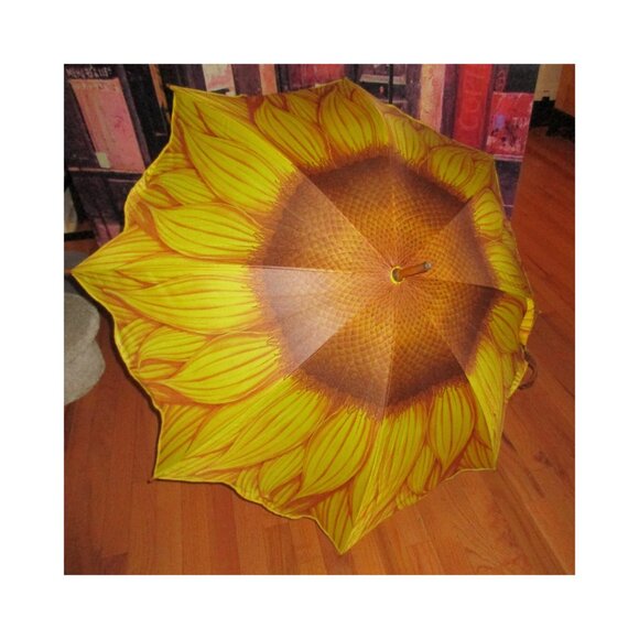 Vintage 90's Salamander Sunflower Print Umbrella w/Wooden Handle & Brass Tip - Picture 1 of 9
